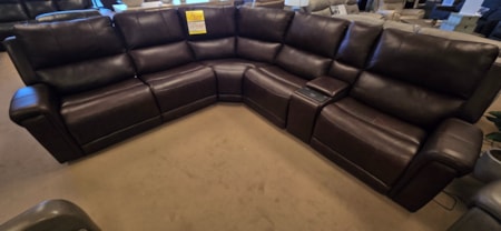 Leather power sectional. 3 recliner with head tilt and lumbar adjustment. Shown in brown leather.