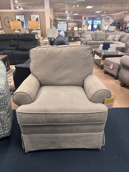 Adorable swivel glider from Best is also a discrete recliner. This piece looks great anywhere but would especially useful in a nursery! 