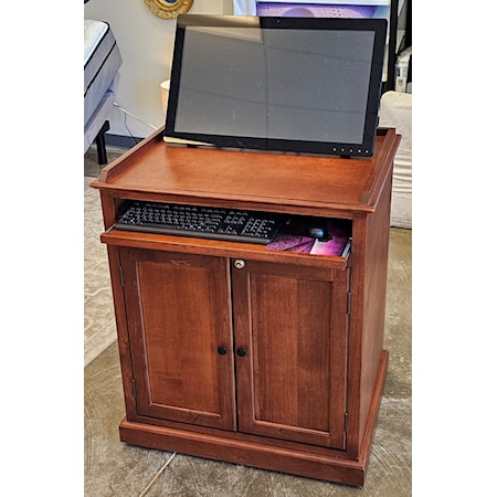 Custom built Alder wood pedestal / standing desk. Locking cabinet below, adjustable shelf, full extension keyboard pullout, on rolling casters.