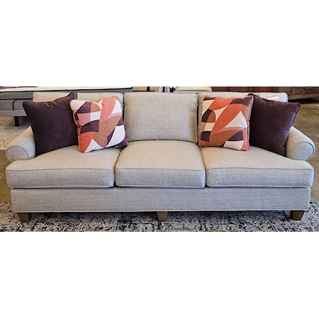 100" sofa! This guy is super comfortable and has a fun transitional flare. It has a neutral fabric tone so it is easy to blend with almost any décor. It has a rolled arm with wedge feet. This is made in America and will be around for years to come.  100"W x 38"D x 37" H