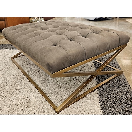 High fashion button tufted upholstered ottoman with metal base. Fabric is high performance / easy clean.  49"W x 33"D x 18" H