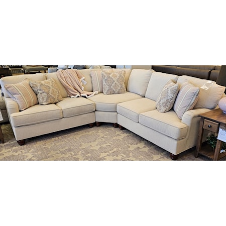 High quality 3 piece sectional. English -low profile arm. Large corner wedge has additional flat front so someone can sit on the corner while someone is to the left or right. Loose back cushions for easy rotation of cushions giving longer life and makes it easier to adjust inside filling. Pillows incuded!
