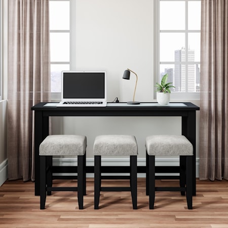 Urban Icon Black 4 Pc. Sofa Console
66Wx36Hx18D

Urban Icon is a collection that combines modern accents with traditional looks and tempered glass tabletop inserts. This sofa counter dining set features a power unit with both standard and USB outlets and three upholstered counter stools.