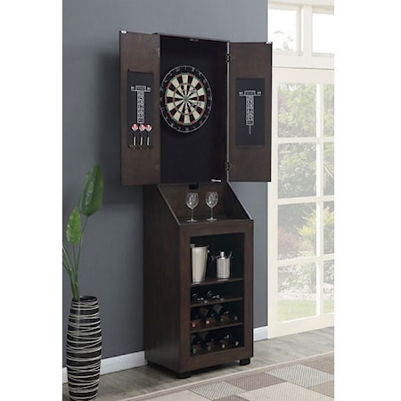 Dartboard Cabinet

A game room piece, the Bones dartboard cabinet is available in our rich espresso wood finish. It offers elegant looks among your furniture, but is also a multi-faceted tool which offers great functionality. This Cabinet is a multi-functional necessity in every man cave. The cabinet features 6 darts and 2 score keepers. Not only is this piece great entertainment, it is also great for beverage storage, with wine racks and shelving for glasses. Game on.
