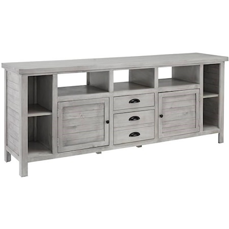 Decorative storage solutions for your living and entertainment areas are an easy choice with this console. It features two drawers and two doors with adjustable shelving behind and open areas at top.