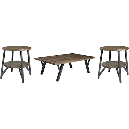 Haffenburg 3 Piece Table Set
End Tables (2) 27W x 27D x 24H
Cocktail Table 54W x 36D x 18H

This Haffenberg 3 piece table group is a riveting example of urban casual design. The plank effect mango wood top is finished in a clear nutmeg color for a naturally beautiful effect. Striking cantilevered metal legs and rivet head accents tie the look together for a well-edited aesthetic.
