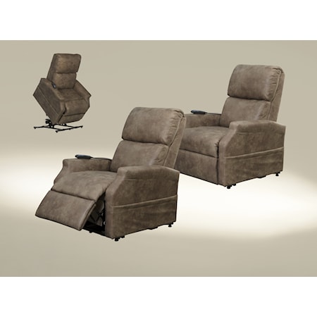 Brett Lay Flat Lift Recliner by Catnapper

Dimensions:
Length: 33”
Height: 41”
Depth: 37”
Seat Height: 20"
Seat Depth: 20.5"
Seat Width: 21"
Depth Fully Reclined: 64"
Distance from Wall: 6-8"

The Brett is easy to use and have only two buttons to operate the chair. The heavy duty motor and lift mechanism can recline for watching TV or reading, recline for resting, or lift you up to a standing position. This quiet system can lift up to 325lbs and also has a battery back-up feature in case of a power outage. A convenient hand wand makes the recline and lift functions easy to use. These lift up recliners feature a convenient magazine pocket for convenient storage of magazines and more.