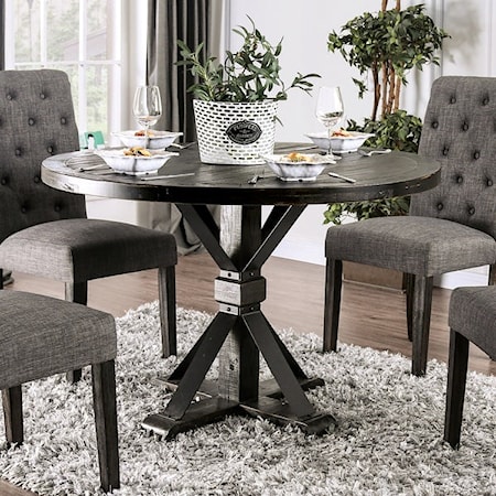 Broshund Dining Table w/4 Chairs

Table:  48"Rd x 30"H

Charming in design, this dining table fills your space with an aura of casual elegance. The dark finish is effortlessly chic, while iron accents on the base and the button-tufted back tie the laid-back luxe look together.