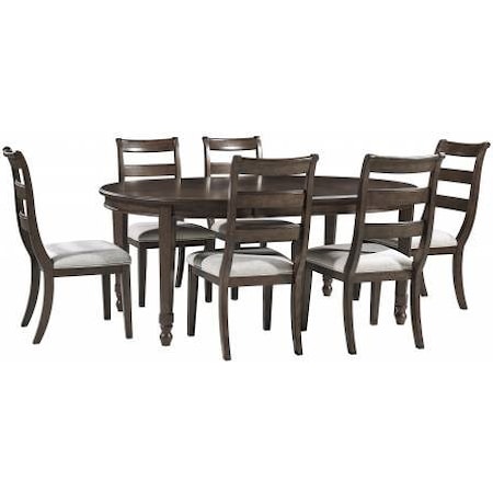 Adinton 7 Piece Dining Set
-UPH Side Chair Inches: 19.25" W x 24" D x 39.38" H

-Oval Dining Room EXT Table Inches: 48" W x 72.25" D x 30" H

You love the look of traditional furniture—as long as it’s not overly formal. Behold the best of both worlds in this striking dining room chair. The combination of classic and up-to-date design proves that opposites really do attract. Sleek lines and a rich finish showcase its craftsmanship, while sumptuous padding and a curved back attest to its comfort. With these fine details, you can dress up a room, yet keep it feeling casual for today's lifestyle.

