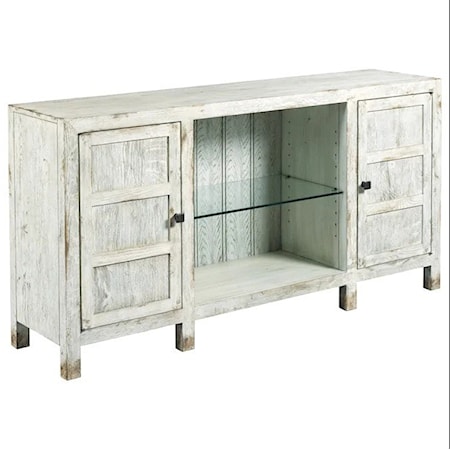 The distressed finish and a rustic farmhouse design provides this entertainment console with the relaxed vintage style you've been looking for. Featuring both adjustable shelves and six cord exit holes, this piece will function perfectly with your modern life, while bringing relaxed and rustic style to your living room.