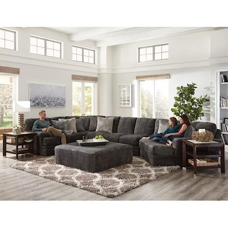 Mammoth 3pc sectional from Jackson features piano wedge.  Includes 40" cocktail ottoman.   Comfort Coil Seating featuring Comfor-Gel.  Eclectic Mix of Contemporary Pillows.  Plush Textured Polyester Fabric.  Steel Tech Framing.