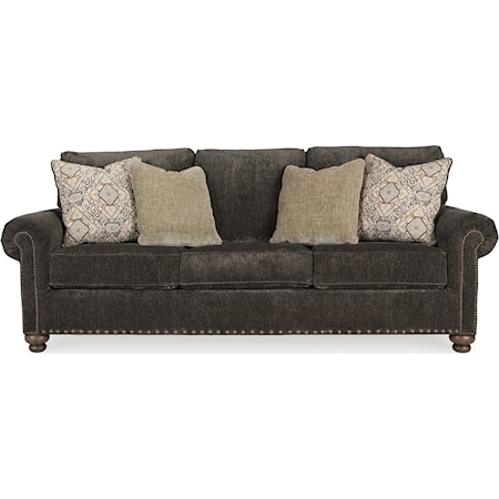 Stracelen Queen Sleeper Sofa
97" W x 40" D x 40" H

Everyone can have the best seat in the house with this sofa sleeper. Nailhead trim puts the finishing touches on the traditional roll arms you love. Reversible seat cushions with high-pile chenille fabric keep it feeling plush. Textured velvet and European-influenced jacquard pillows add another layer of comfort. Turned feet in a burnished light brown finish show that style and quality flow from top to bottom. A pull-out queen mattress with quality memory foam comfortably accommodates overnight guests.
