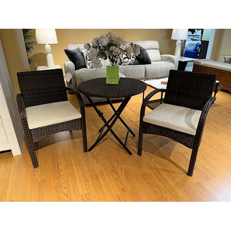 3pc Patio set includes 28" foldable table and 2 cushion chairs. Discontinued by manufacturer. 