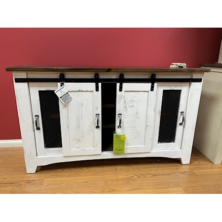 Rustic two tone white/brown 60" TV stand w/ 4 doors with shelves. 59.75W x 19D x 34.75H