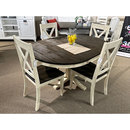 A America Huron table and four chairs constructed of solid acacia wood.  This set has a great two tone wire brush finish and is built to last.  The table is 42" round and offers one 18" leaf that makes it grow to the perfect 42" x 60" size.  