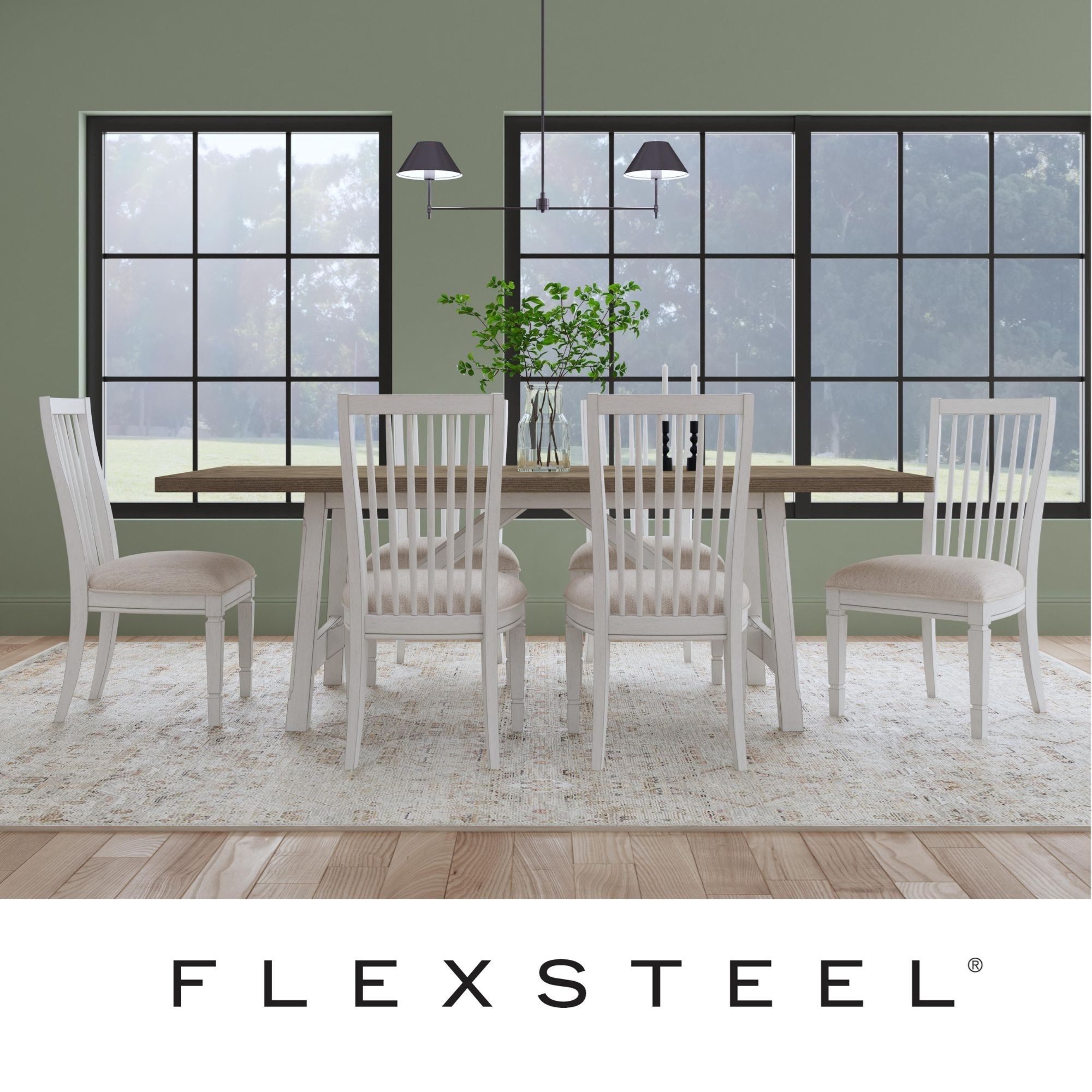 Melody 7PC DINING ROOM SET BY FLEXSTEEL  
Rectangular Dining Table
 30H x 90W x 42D
Upholstered Dining Chair
 40H x 22W x 23D