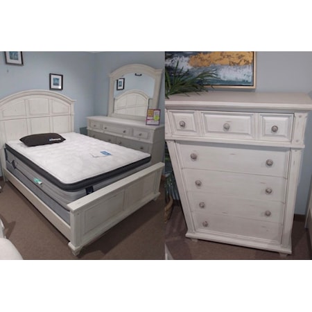 Queen Bed, Dresser, Mirror, and Chest.