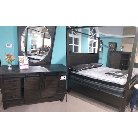 King Canopy Bed, Dresser, Mirror, Chest, and Nightstand. 