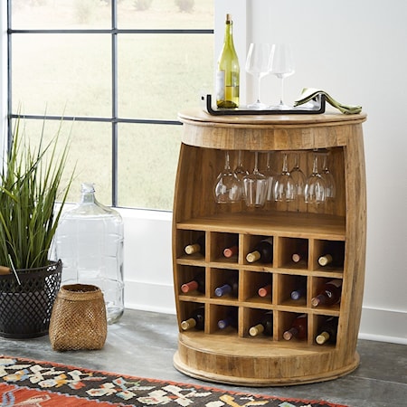 Features a weathered honey finish, one shelf and a 15-wine bottle storage rack, and an appealing double layered top.