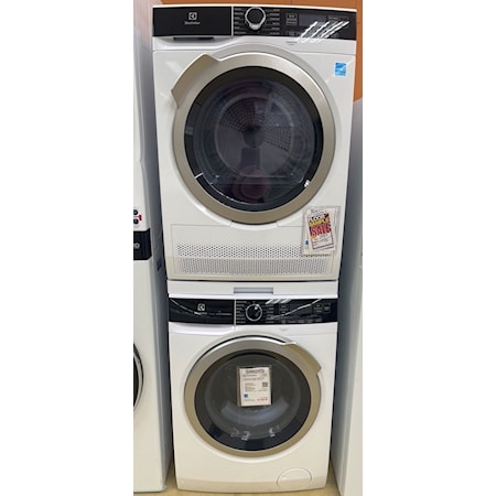 Electrolux compact washer and dryer stack set. Includes front load washer, electric ventless condensing dryer and stack kit with folding shelf. 