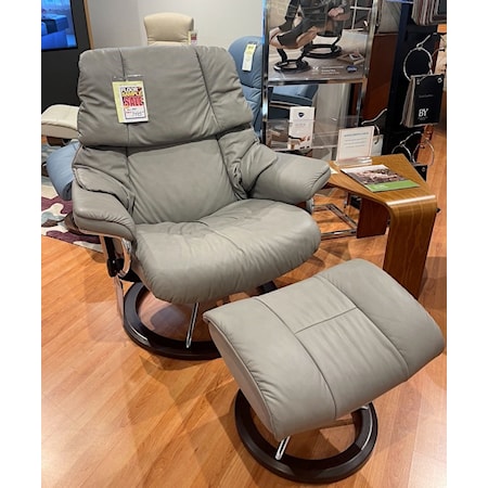 Ekornes Stressless Reno large chair and ottoman with rocking signature base.
