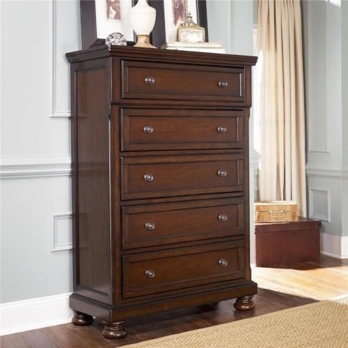 Dark brown, tall 5-drawer dresser.