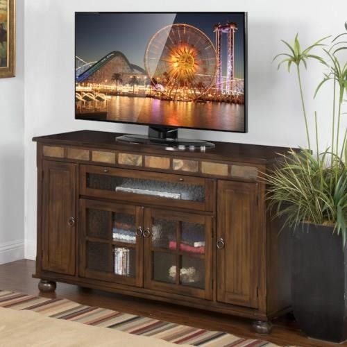 Flatscreen TV on dark wood stand.