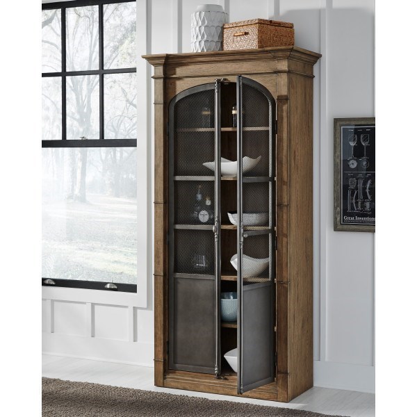Accentrics Home Modern Authentics Metal Door Light Oak Display Cabinet Reeds Furniture Curio Cabinets