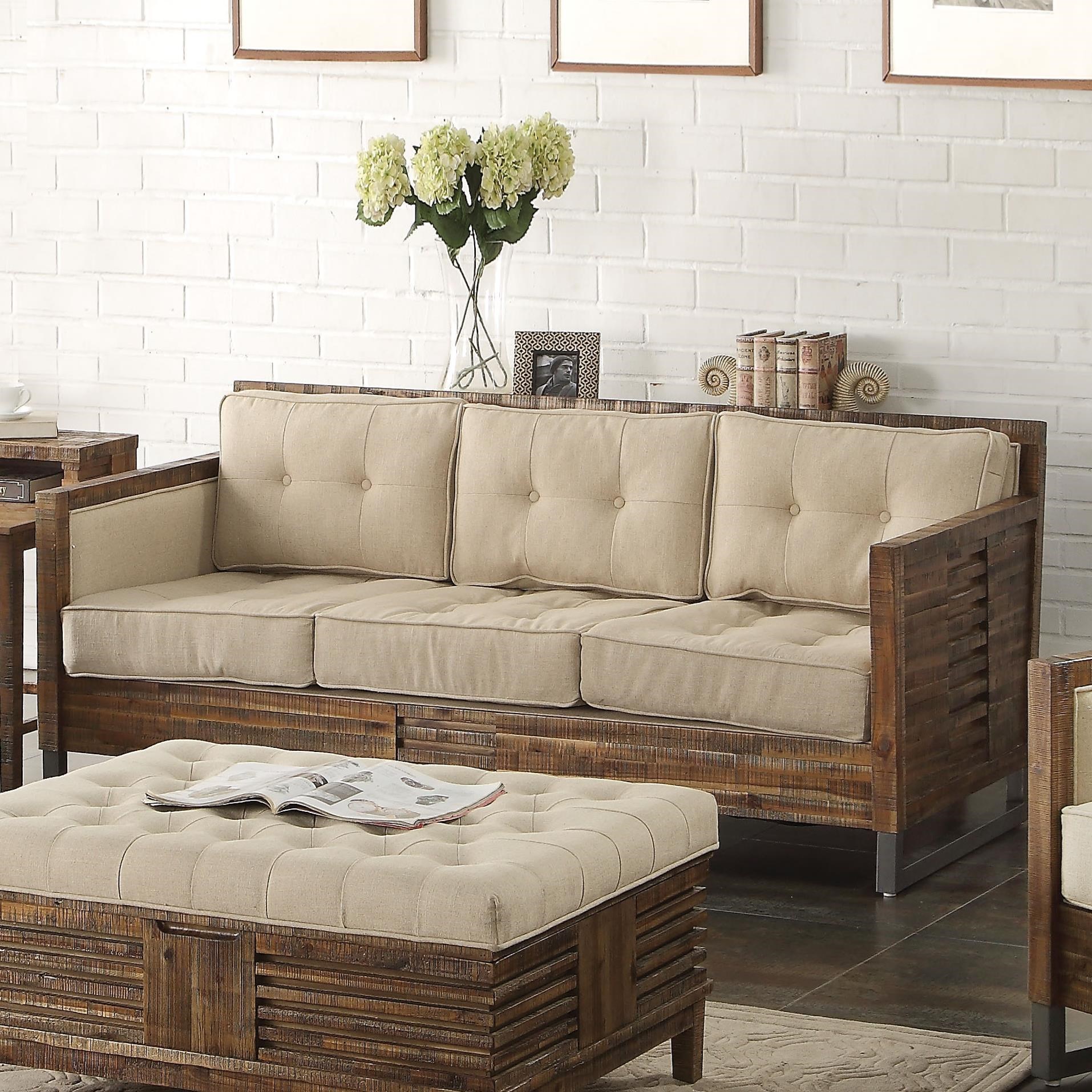 Acme Furniture Andria Rustic Industrial Wood And Metal Sofa With Beige Upholstery Rooms For Less Sofas