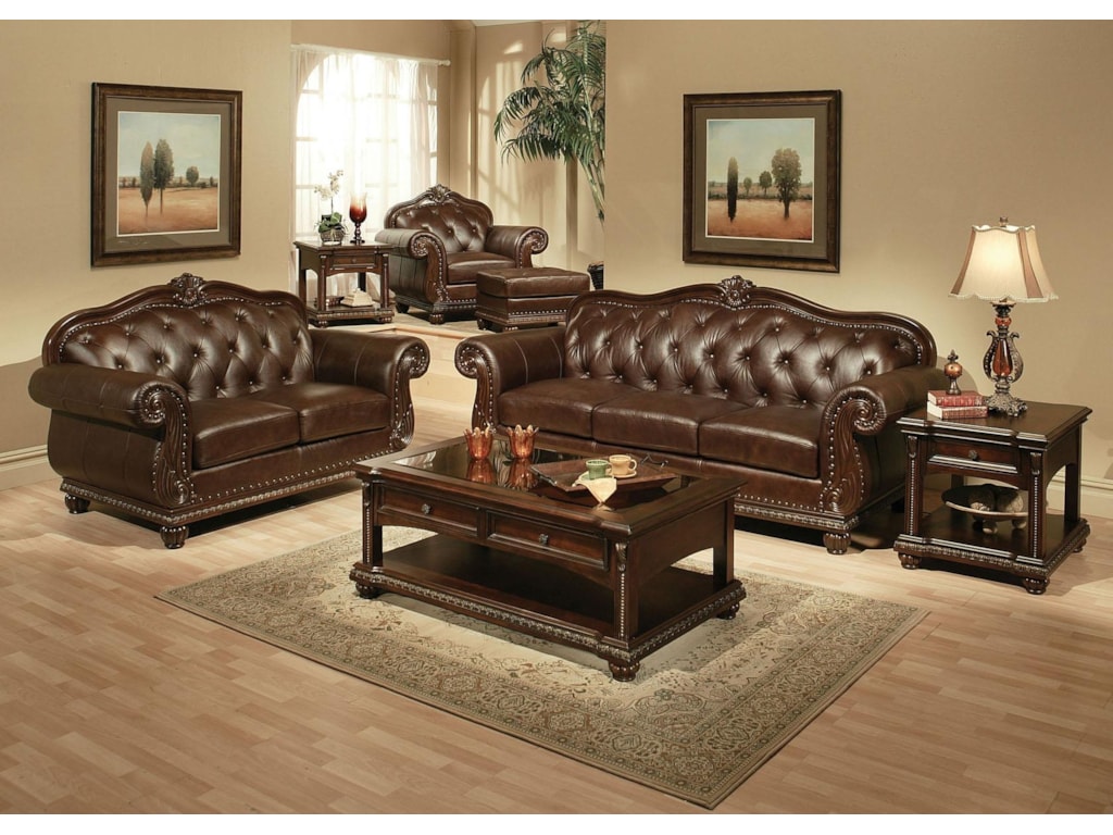 Acme Furniture Anondale Traditional Cherry Top Grain Leather Home Living Room Furniture Sofas Acme Furniture Anondale Cherry Top Grain Leather Sofa. Shown with Loveseat, Chair, and Ottoman - Acme Furniture Anondale Traditional Cherry Top Grain Leather