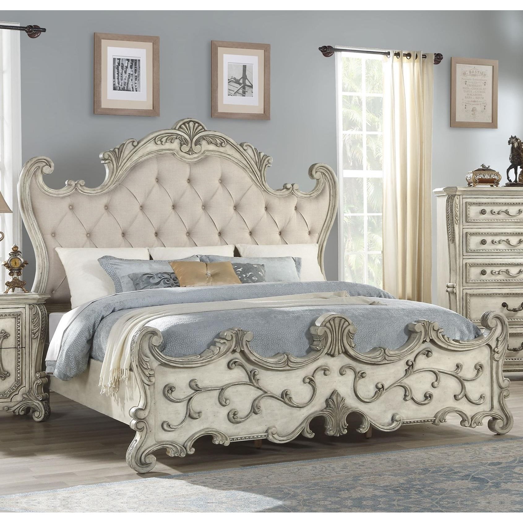 Acme Furniture Braylee 27174ck Traditional Antique White California King Bed With Tufted Headboard And Carved Wood Detail Nassau Furniture And Mattress