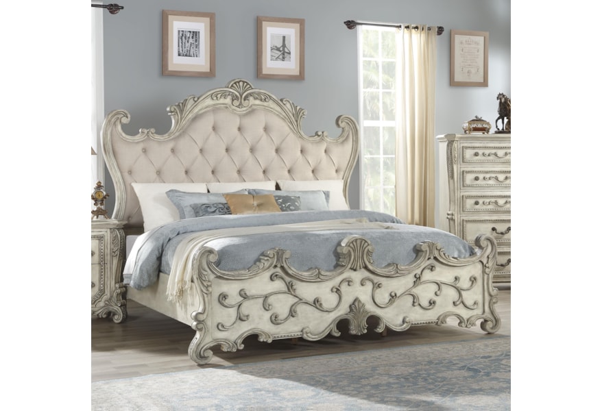 Acme Furniture Braylee Traditional Antique White Queen Bed With Tufted Headboard And Carved Wood Detail A1 Furniture Mattress Upholstered Beds Antique White Queen Bed Frame