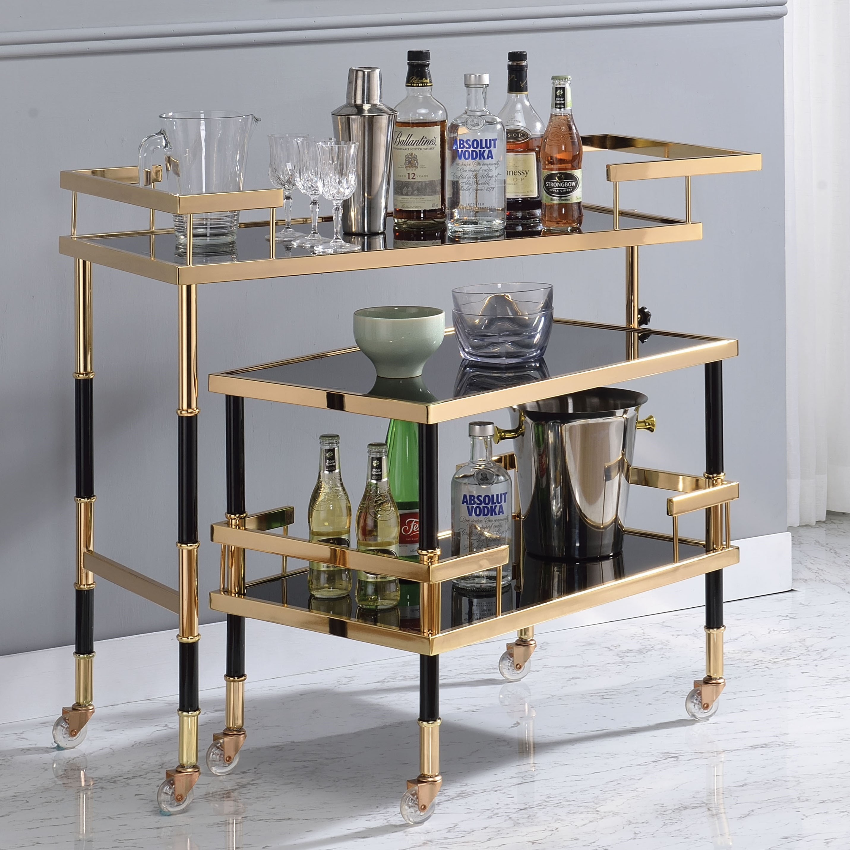 Living Room Z&Q BROS LTD Fabulous 2 Tier Gold Drinks Trolley With Glass Shelves Rolling Serving Cart With Wheels for Home Living Room Z&Q BROS LTD Fabulous 2 Tier Gold Drinks Trolley With Glass Shelves Rolling Serving Cart With Wheels for Home