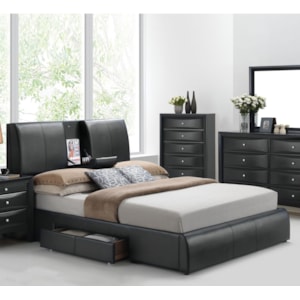 Acme Furniture Kofi Queen Faux Leather Upholstered Bed With Footboard Drawer And Drop Down Tray A1 Furniture Mattress Upholstered Beds