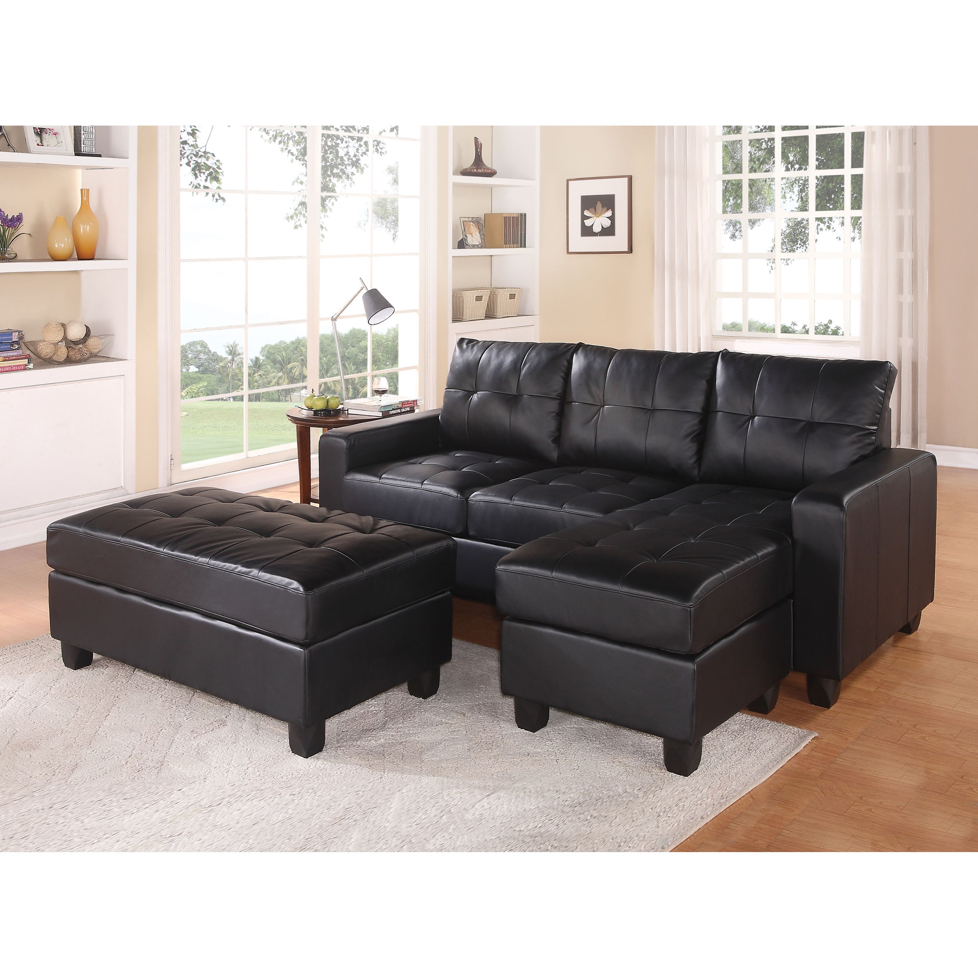 Sofa Chaise Ottoman Bonded Leather White Modern Reversible Sectional Couch Set 