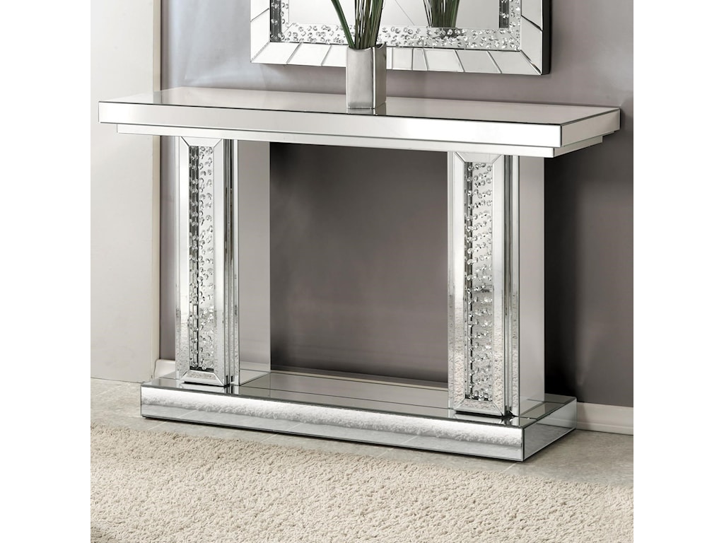 Acme Furniture Nysa Glam Mirrored Console Table With Faux Crystal