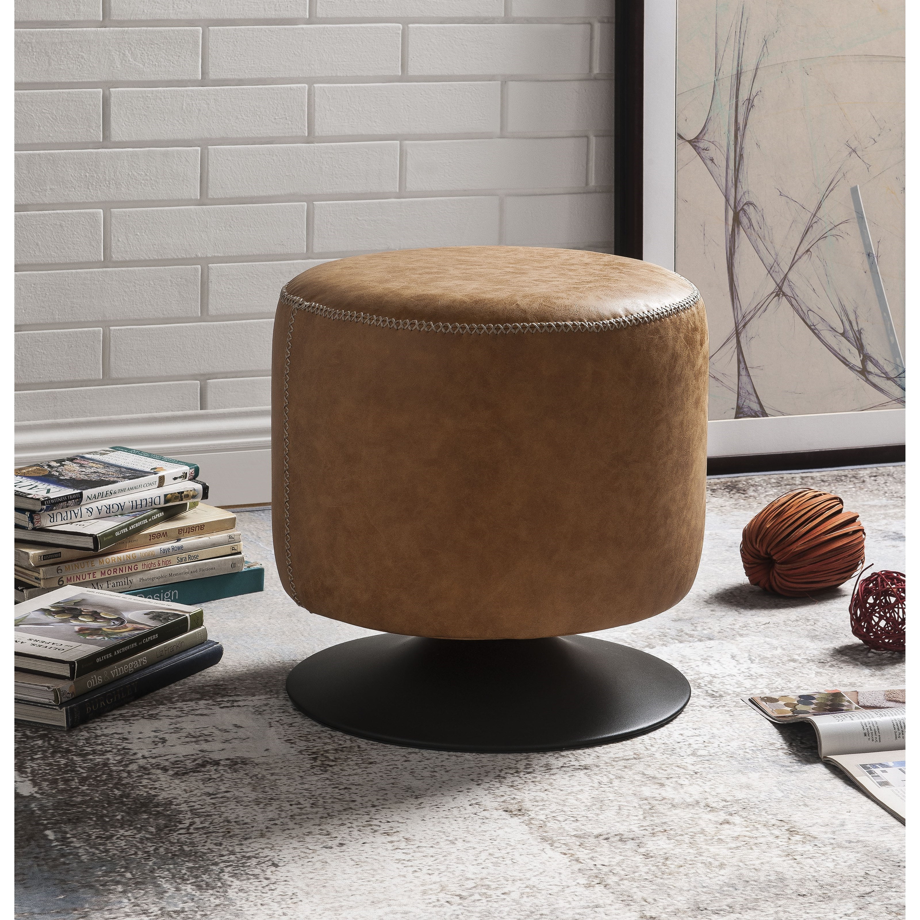Acme Furniture Ossian 96159 Faux Leather Round Accent Ottoman With