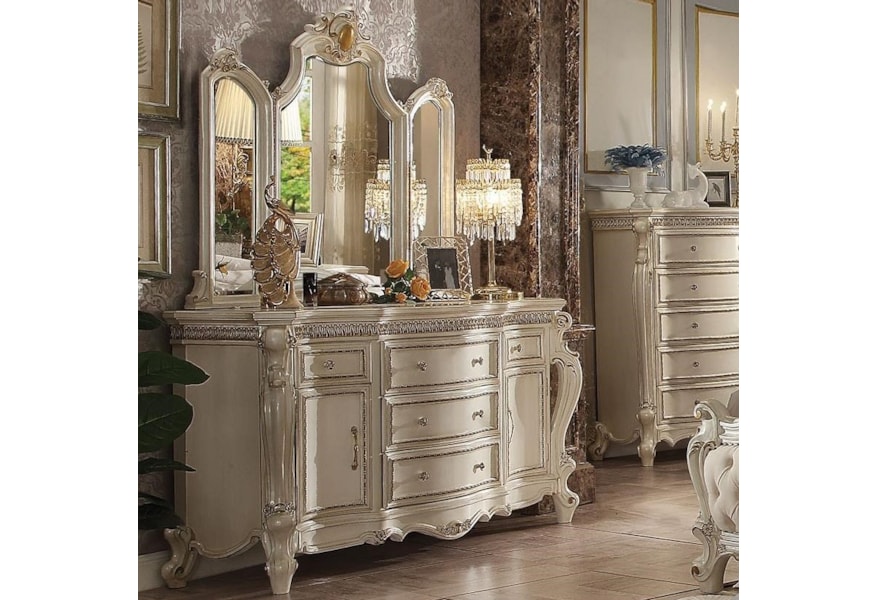 Acme Furniture Picardy 26885 26904 Traditional Antique White 2 Door Dresser Mirror Set Corner Sets White 2 Door Dresser Mirror Set