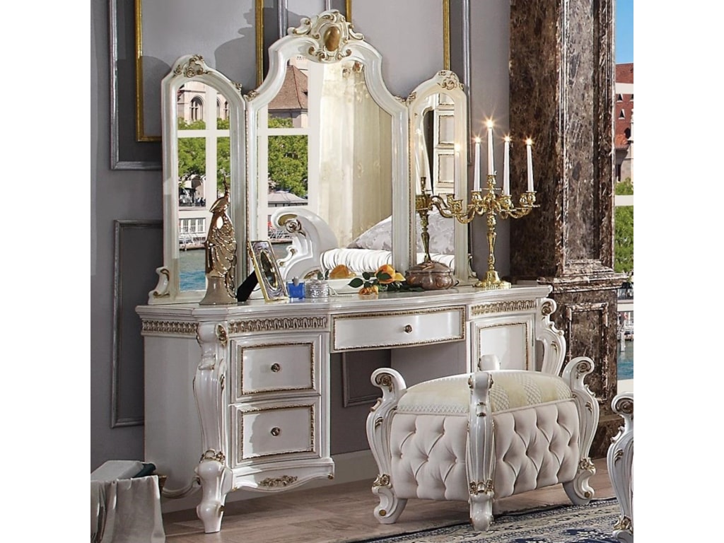Acme Furniture Picardy Traditional Antique White Vanity Desk And