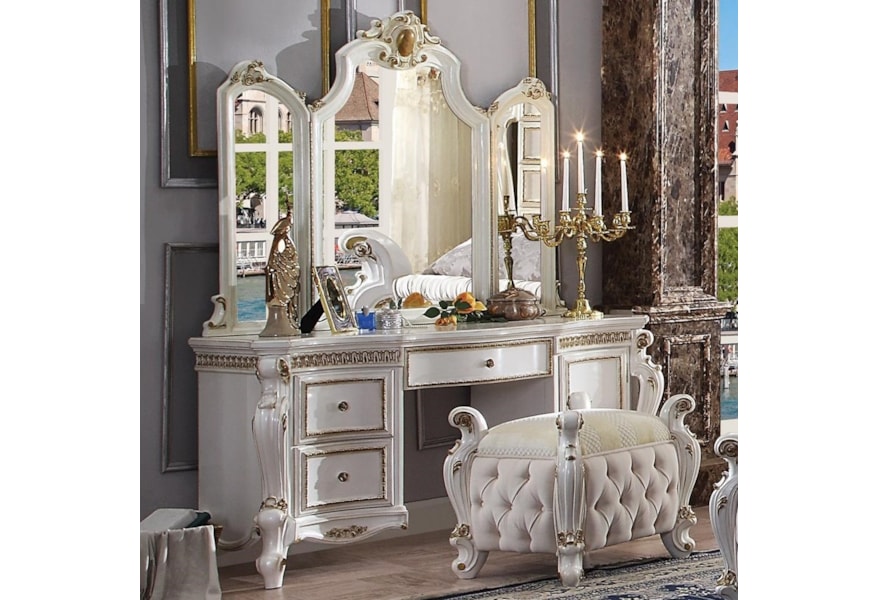 Acme Furniture Picardy 27884 26904 Traditional Antique White Vanity Desk And Mirror Set Del Sol Furniture Vanities Vanity Sets