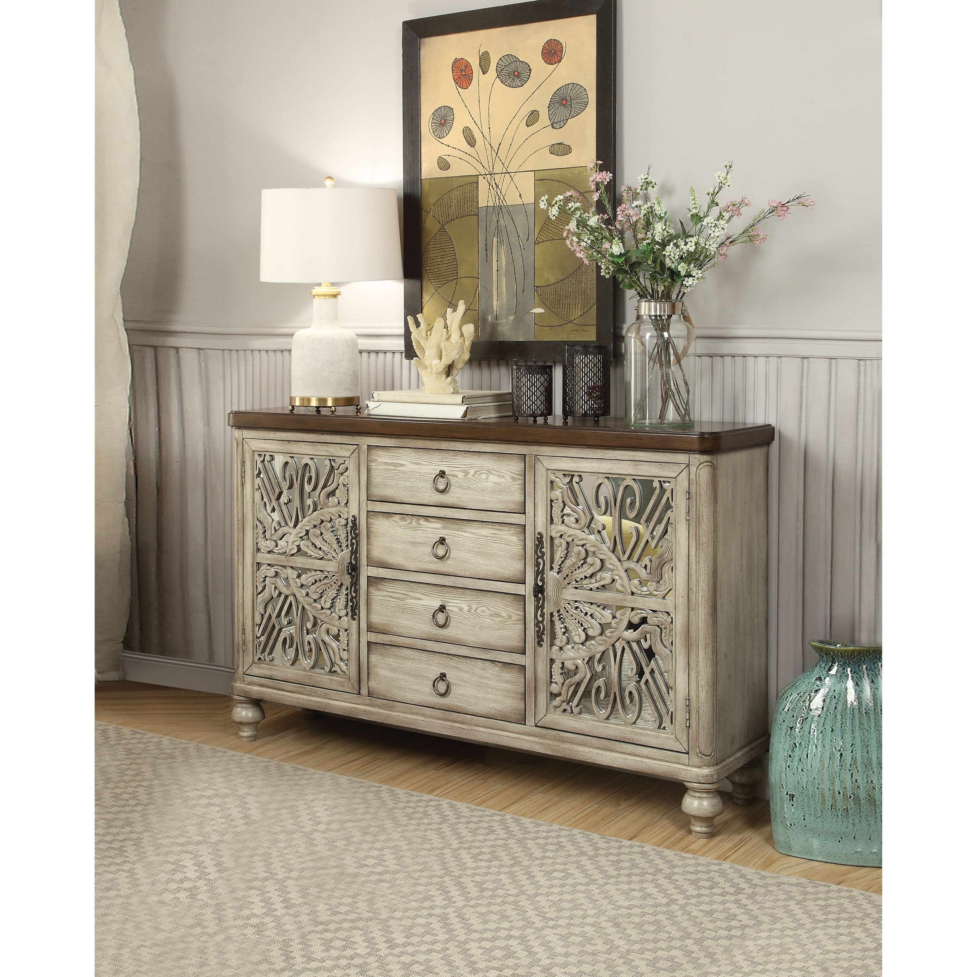 Acme Furniture Vermont 90288 Relaxed Vintage Console Table With Decorative Cabinet Doors Corner Furniture Sofa Tables Consoles