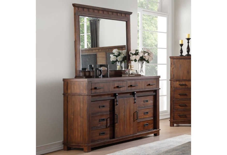 Acme Furniture Vibia Rustic Sliding Door Dresser And Mirror Set
