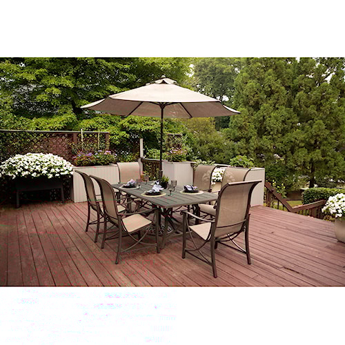 agio davenport outdoor dining set with 6 chairs and umbrella