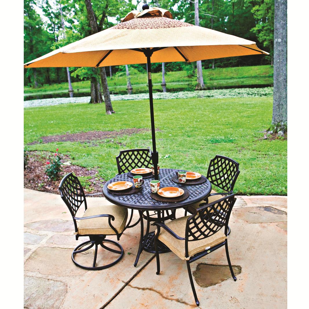 Apricity Outdoor Heritage 6 Piece Outdoor Dining Set With Round Alumicast Table And Chairs And Three Tier Umbrella Find Your Furniture Outdoor Dining Set