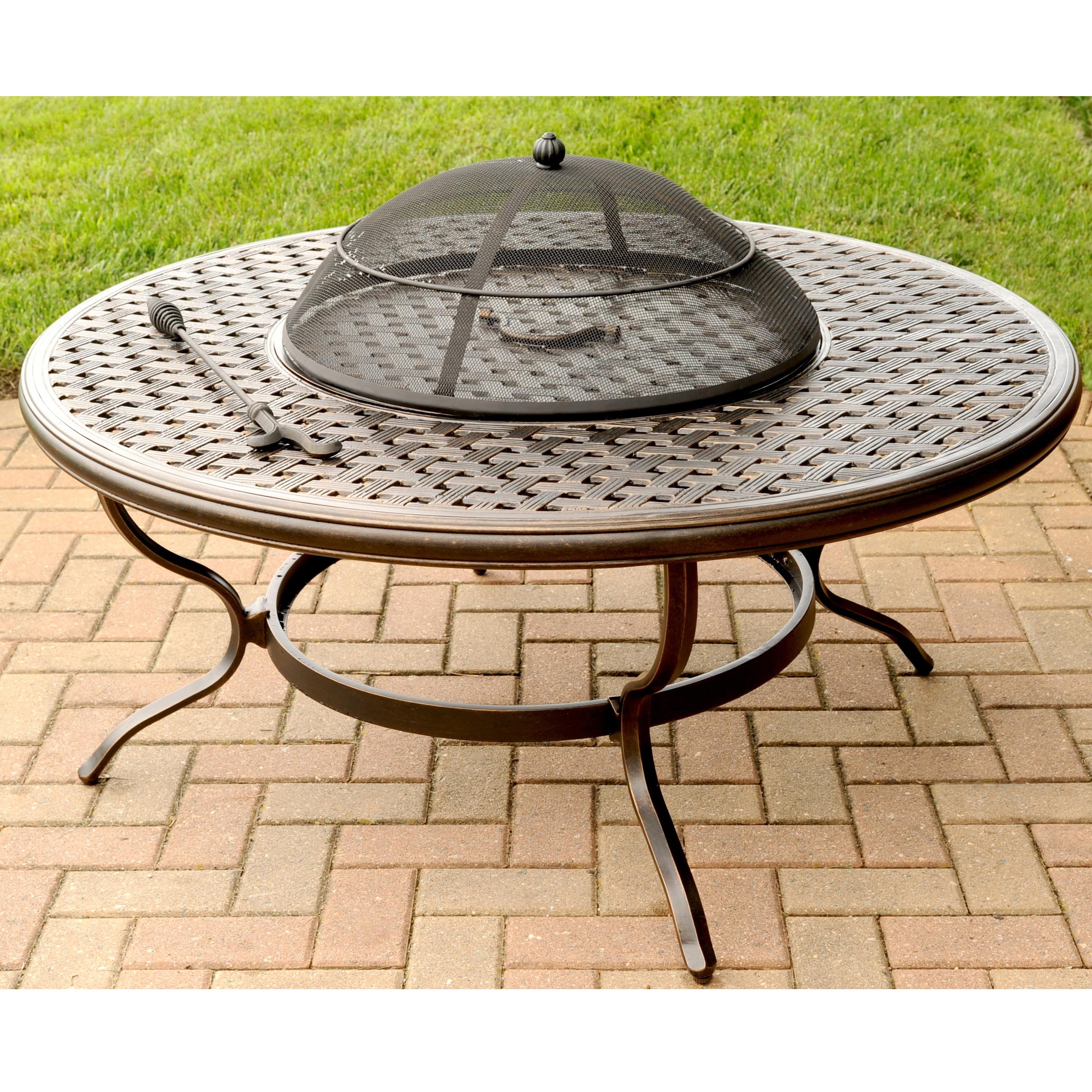 Apricity Outdoor Heritage 5 Piece Outdoor Chat Set With Alumicast Chairs And Fire Pit Find Your Furniture Outdoor Conversation Chat Set