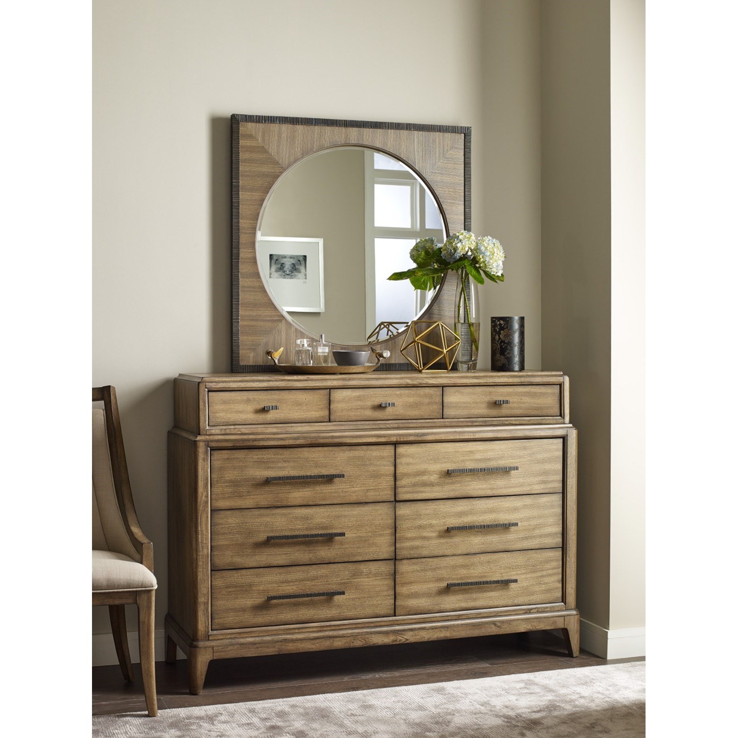 American Drew Evoke Bureau With Jewelry Tray And Round Mirror With