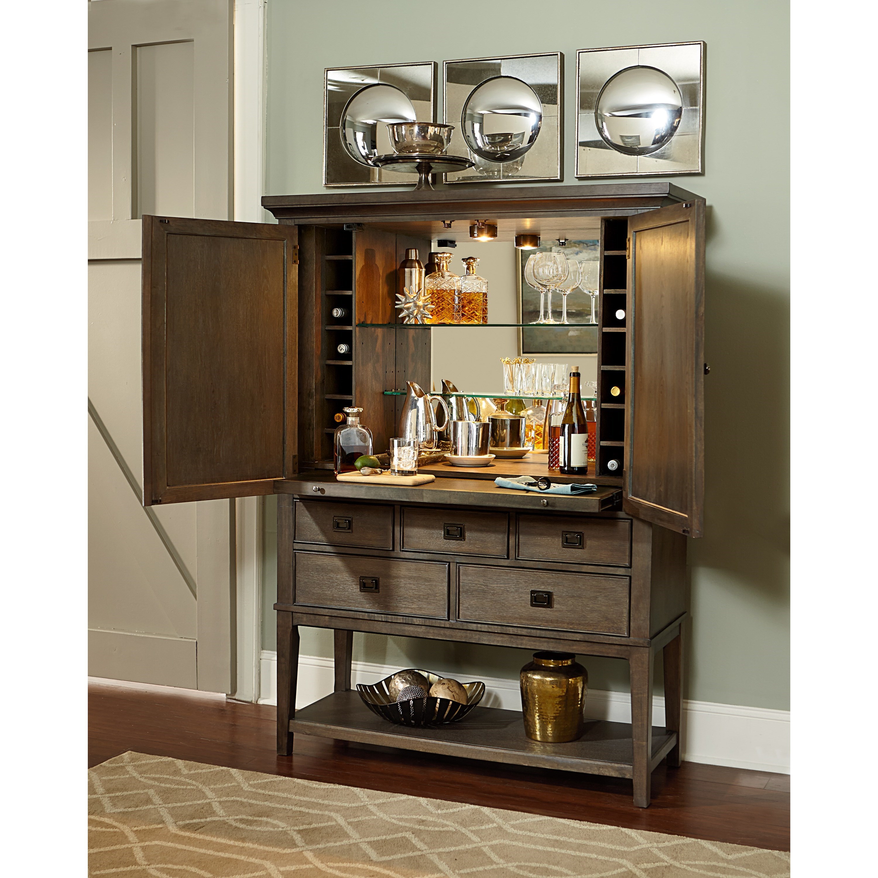 American Drew Park Studio 488 891 Contemporary Bar Cabinet With 2 Doors And 5 Drawers And A Mirrored Back Esprit Decor Home Furnishings Bar Cabinets