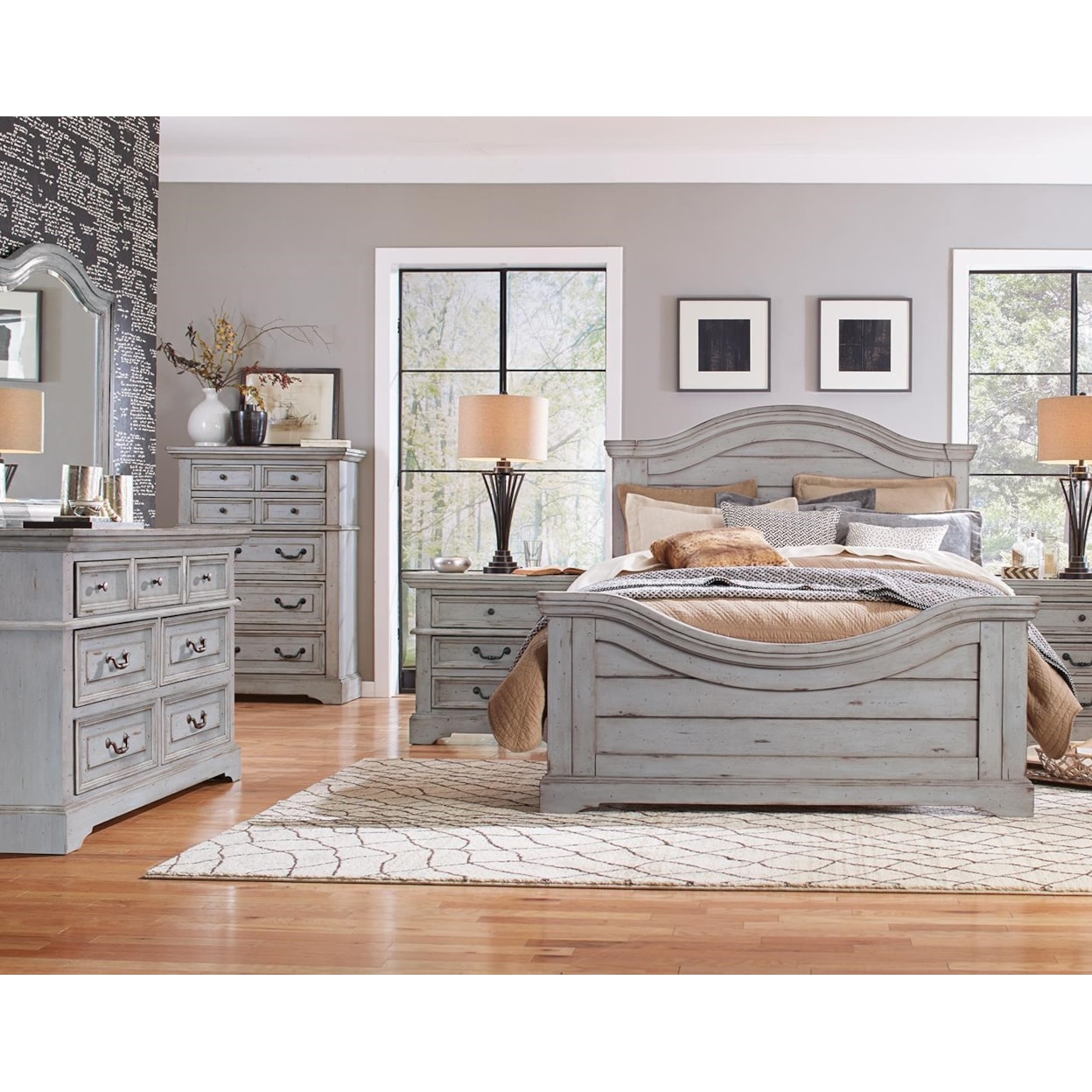American Woodcrafters Stonebrook in Antique Gray 9931961 Queen Panel Bed, Dresser, Mirror, Nightstand in Antique Gray Finish | Johnny Janosik | Bedroom Groups American Woodcrafters Stonebrook in Antique Gray 9931961 Queen Panel Bed, Dresser, Mirror, Nightstand in Antique Gray Finish | Johnny Janosik | Bedroom Groups
