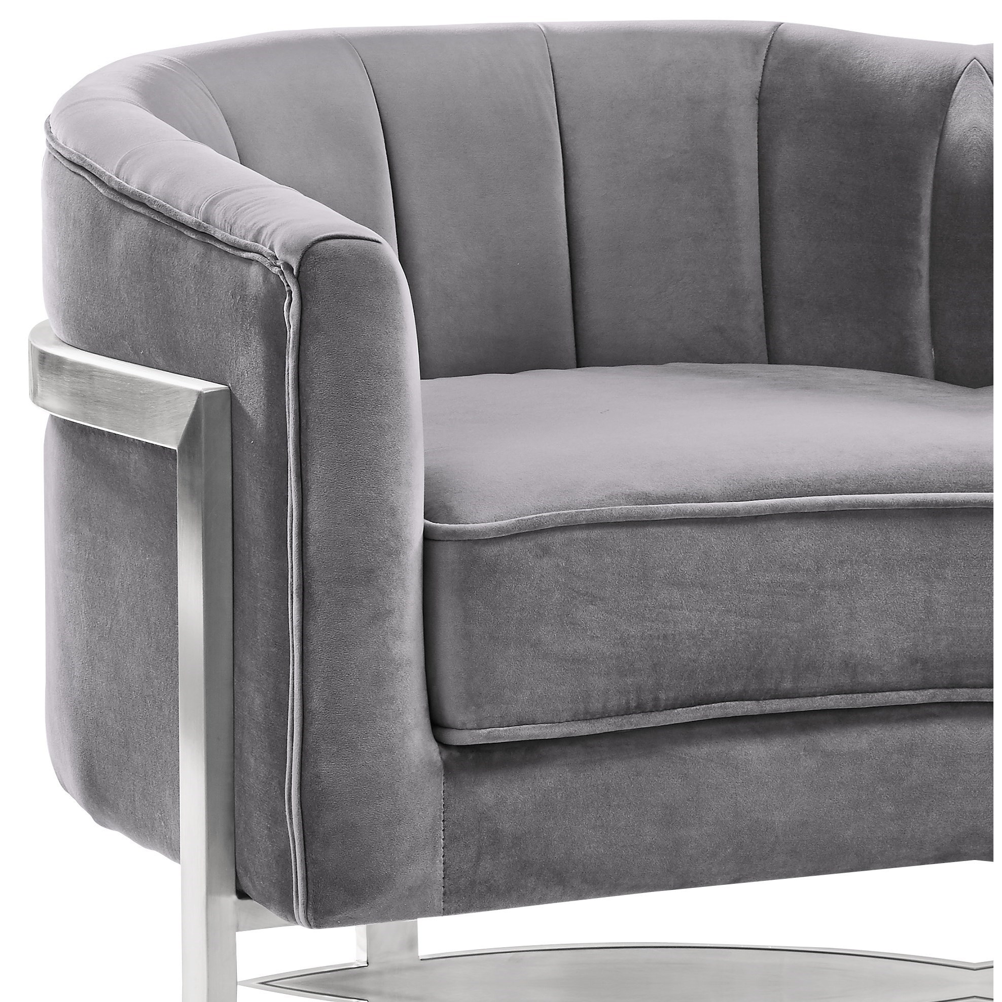 Armen Living Kamila Lckmchgray Contemporary Barrel Chair In Velvet With Brushed Stainless Steel Finished Legs Michael Alan Furniture Design Upholstered Chairs