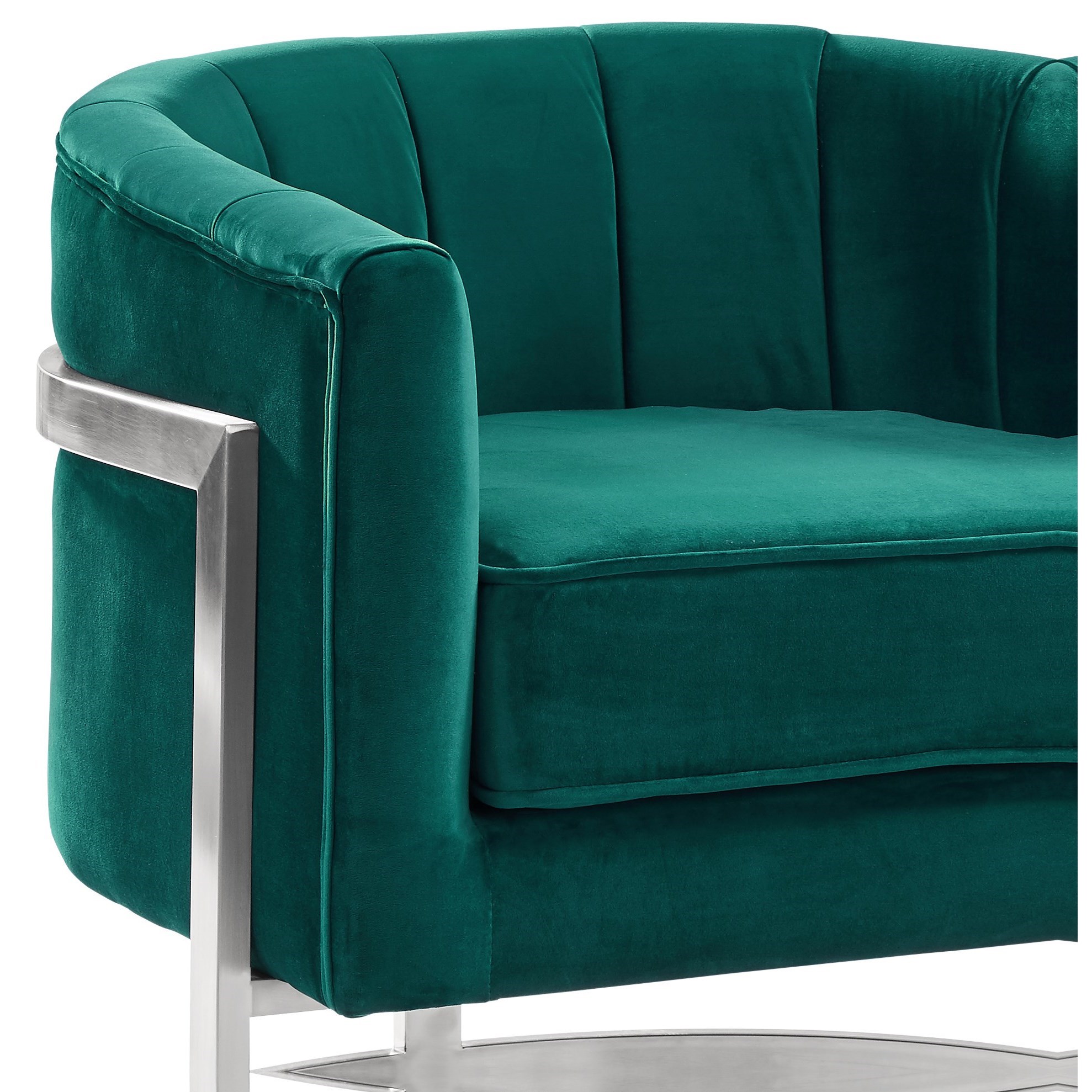 Kamila Contemporary Barrel Chair In Velvet With Brushed Stainless Steel Finished Legs Sadler S Home Furnishings Upholstered Chairs